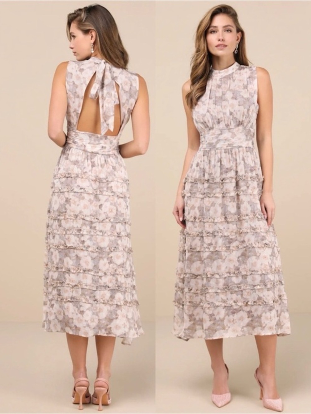 NWT Lulu’s Happily Sweet Beige Floral Mock Neck Backless Midi Dress Large Chic